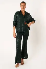 [PUP66] Darcy Sequin Two Piece Pant Set - Hunter Green S Green