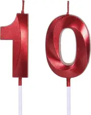 Red 10th Birthday Candles for Cakes, Number 10 Glitter Candle Cake Topper for Pa