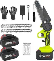 6 Inch Mini Electric Chainsaw 4500W Handheld Cordless Chainsaw with 2 x 36V Rechargeable Batteries HighQuality Tree Cutter with Quenched Chain (GREEN)