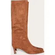Chocolate Faux Suede Point Toe Mid Heeled Knee High Boots, Chocolate