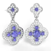 Shamrock Clover Flower Leaf Tanzanite Diamond Earrings In 14k Gold