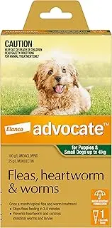 Advocate Dog, Monthly Spot-On Protection from Fleas, Heartworm and Worms, Single Pack Flea Treatment for Puppies and Small Dogs up to 4 kg, 1 Pack