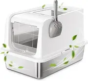 Stainless Steel Cat Litter Box with Lid - Fully Covered Litter Box with Anti Leakage High Enclosure - XL Large Non-Stick Metal Enclosed Litter Box - Hooded Litter Pan Easy Clean Lift Cover