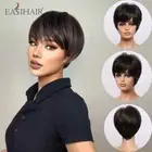 EASIHAIR Short Black Straight Brown Highlight Wigs With Pixie Cut Bangs High-tem