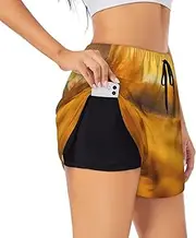 [GaxfjRu] Autumn Golden Grass Landscapes Print Women's Running Shorts High Waisted Running Shorts Pocket Sporty Gym Elastic Short