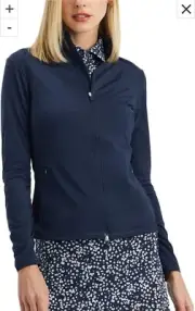 NEW! G/FORE Womens Silky Tech Nylon Ruched Full Zip Golf Jacket Navy Blue Small