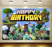 New Minecraft Backdrop Birthday Party Supplies Background Photo Banner Decorations