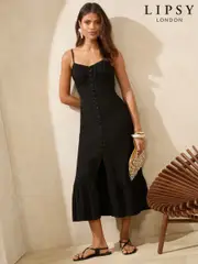 Lipsy Black Linen Button Through Midi Dress (F12450) | $106