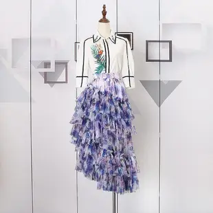 超仙法式網紗裙春秋夏新款爆款紫色迷彩印花蛋糕裙洋氣半身蓬蓬裙