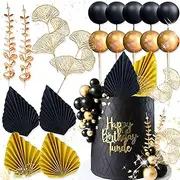 JeVenis Black Gold Balls Cake Topper Gold Leaves Cake Decorations Prom Cake Decoration Roaring 20s Cake Decoration 1920s Party Supplies New Year Eve Party Supplies