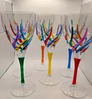 CC ZECCHIN MURANO Wine Glass, Rainbow Swirl Pattern 8-1/8” Tall, Set of 6