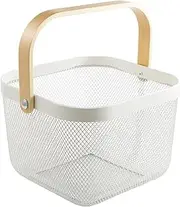 AJIODA Metal Mesh Steel Storage Organizer Basket With Bamboo Handle - Multi-functional Hanging Kitchen Fruit Bin for Bathroom, Picnic, Shopping, Decor, Cabinet, Home - White