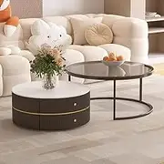 Black Coffee Nesting Table Set of 2, Stacking Side Tables Sofa Tea Table with Double Drawer, Living Room Tables for Living Room (Color : Gray Glass)
