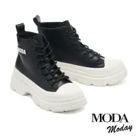 在飛比找momo購物網優惠-【MODA Moday】街頭感LOGO膠片牛皮綁帶高筒厚底休