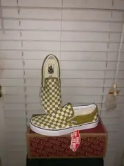 VANS CLASSIC SLIP ON CHECKERBOARD OLIVE OIL WHITE MENS SIZE 9