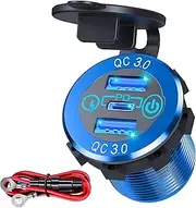 12V 60W USB C Car Charger Socket, 30W PD Type-C & Dual QC 3.0 Socket Port, 24V Outlet Quick Charge Waterproof with Touch Switch for RV Boat Marine Motorcycle Truck Golf Cart, Blue