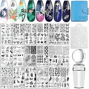 Biutee Nail Stamping Plates set 15 pcs Nail Art Stamper Scraper Storage Bag Gift Box Nail Stamp Template Kit Lace Flower Butterfly Star Christmas Holiday Sports Design