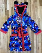 NEW Disney Bath Robe Mickey Mouse Boys 4 Years Red Blue Plush Minky Hooded $40