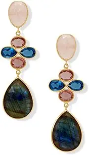 [JewelryWeb] 14k Gold Plated 925 Sterling Silver Labradorite Rose Quartz and Glass Drop Earrings Pear Shaped-Labradorite Dangle Earring for Women