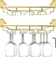Adjustable Wine Glass Holder Under Shelf, Nail Free Metal Stemware Holder Storage Hanger, Hanging Wine Glasses Rack Organizer Under Cabinet Mount for Bar Kitchen (4 Rows, Gold)