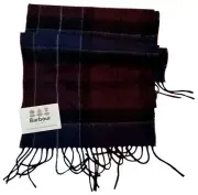 BARBOUR Cordovan Blue Red White Check Tartan Soft 100% Lambswool Tassel Scarf