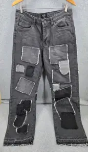 NWT Boohoo MAN Relaxed Fit Rigid Patchwork Men Straight Jeans Black Gray Y2K 32