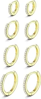 [Sanfenly] 4Pairs 14K Gold Plated Small Huggies Hoop Earrings for Women Mens CZ Mini Hoop Earrings Hypoallergenic Cartilage Tiny Hoop Cuff Sleeper Earrings Piercing 6mm 8mm 10mm 12mm
