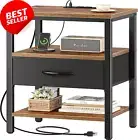 Bedside Table w/ Charging Station USB Ports Outlets 3-Tier Storage Shelf