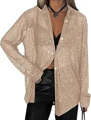 [AMPOSSTO] Womens Sequins Long Sleeve Collared Shirt Button Down Open Front Shirt Loose Blouses Shirst Tops
