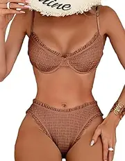 [Falainetee] Women's Smocked Frill Bathing Suit Spaghetti Strap Underwire Summer Swimsuit Bikini Set