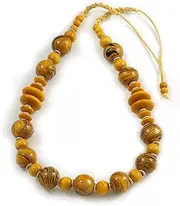 [Avalaya] YellowBlack Wood Beaded Cotton Cord Necklace - 80cm Max Length - Adjustable, cords Wood