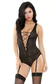 Geometric Lace Deep Vee Backless Bodysuit Teddy Detachable Garters Sexy S/M M/L