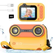 Kids Digital Camera Underwater Cam Waterproof Snorkeling Diving 2.4 Inch IPS USB Rechargeable with 32GB Card Yellow