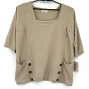 Dunes Guazy Lagenlook Womens Top Sz L Tan Square Neck Buttons Scandi Beachy