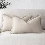 [Foindtower] Set of 2 Decorative Linen Fringe Throw Pillow Covers Boho Farmhouse Cushion Cover with Tassels Accent Pillowcase for Couch Bed Sofa Living Room Home Bedroom Decor, 12×24 Inch, Natural Beige