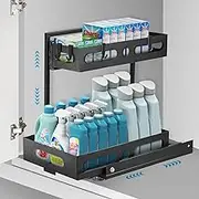 Samhe Under Sink Organizer, 2 Tier Adjustable Height Pull Out Drawer Under Sink Cabinet Storage Organizer Shelf, Under Sink Storage for Bathroom Kitchen Closet