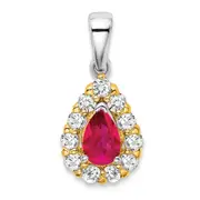 14k Two-Tone Gold Pear Ruby and Real Diamond Halo Pendant