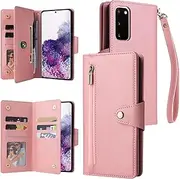 [YocoverTech] for Samsung S20 Case,for Galaxy S20 5G Wallet Case[6 Card Slots and 1 Zipper Coin Pocket] PU Leather Stand Flip Cover with Wrist Strap[6.2 inch]-Pink