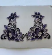 One Pair Purple & Gold Floral Embroidered Appliques/Patches/Sewing/Bridal/Crafts