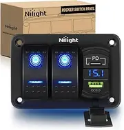 Nilight 2 Gang Rocker Switch Panel Blue Backlit with PD Type C and USB Charger Voltmeter Waterproof 12V 24V DC Rocker Switch with Night Glow Stickers for Car Trucks Boats RVs