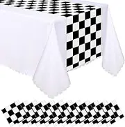 Preboun 12 Pcs Plastic Checkered Table Runner 14 x 108 Inch Racetrack Road Table Runner for Two Fast Car Theme Birthday Racing Party Decor Events Supplies (Black White Checkered)