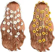 2Pcs Flower Hippie Headband Floral Crown Adjustable Summer Sunflower Hair Headwear Accessories Bohomia Feather Rope Crown Headdres for 70 s Bohemian Costumes Style (Yellow+White)