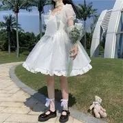 Puff Sleeve Square Neck Plain Bow Ruffle Mesh Mini A-Line Dress White - M