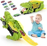 Dinosaur Truck Toy for Kids, Transforms into Triceratops with Race Track Set, City Dinosaur Transporter with 8 Toy Vehicle for Kids Boys Over 3 Years Old