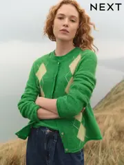 Green Argyle Print Soft Touch Button Through Knitted Cardigan with Alpaca (E15639) | $59