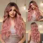 26" Black Brown Pink Balayage Long Synthetic Wig Wavy Layer Curtain Bangs Fringe