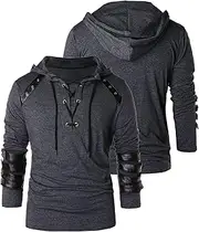 [Kucos] Mens Gothic Lace Up Hoodie Shirts Retro Sweatshirt Vintage Steampunk Hooded Tops Halloween Cosplay Costume