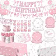 Pink Bow Birthday Party Supplies Serve 24, Conquette Birthday Decorations Includes Bow Plates Napkins Cups Banner Tablecloth Balloons Bow Theme Tableware for Girls Bachelorette Party Decor