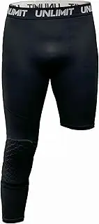 [Unlimit] Adult Basketball Single Leg Compression Capris with Knee Pad, One Leg Tight w Knee Pad, Black, Black, Right Long, Medium