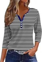 [Valtorixia] 3/4 Length Sleeve Women Henley V Neck Tops Casual Length Button Down Shirt Floral Print Blouses Plus Size Trendy Comfy Tees (Color-b-7,Medium)